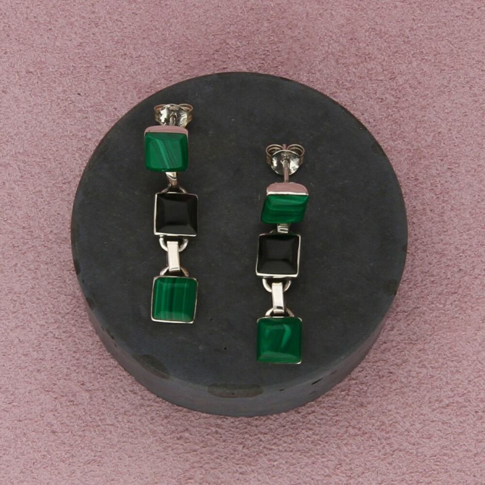 sterling silver vintage malachite & onyx dangle post earrings